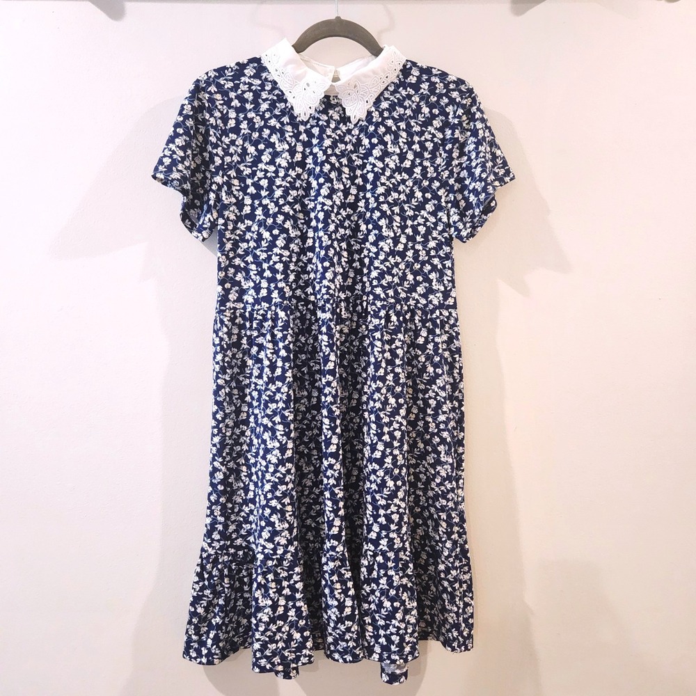 Cottagecore Floral Dress Misia  Vintage Style Preppy Short Sleeve Stretch Navy M